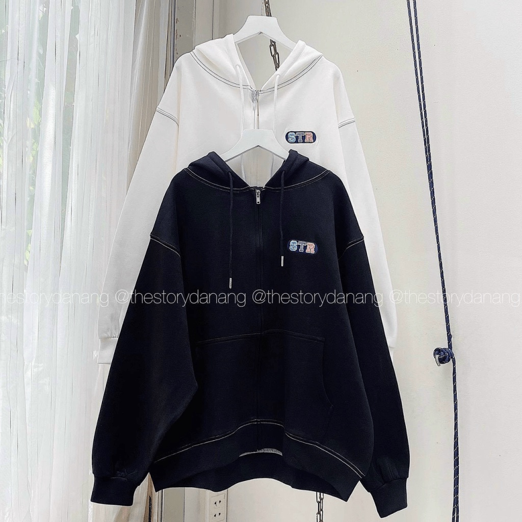 Áo khoác hoodie nữ nỉ bông dày form rộng chỉ viền unisex khoá zip thêu STR TP [NewUnisex]