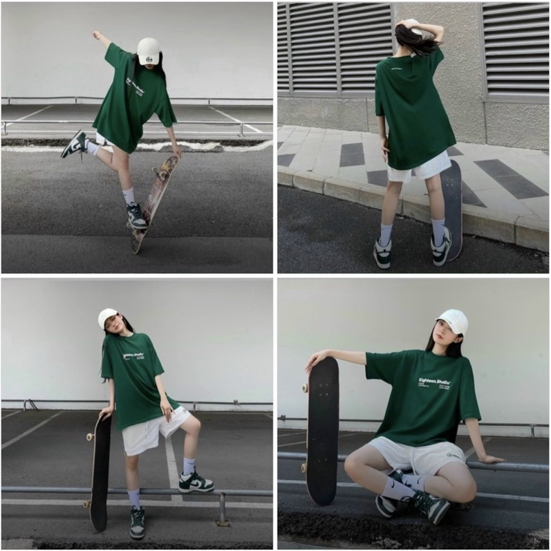 Áo thun nam nữ Unisex form rộng tay lỡ màu xanh rêu in chữ Eighteen.Studio (có hình thật)