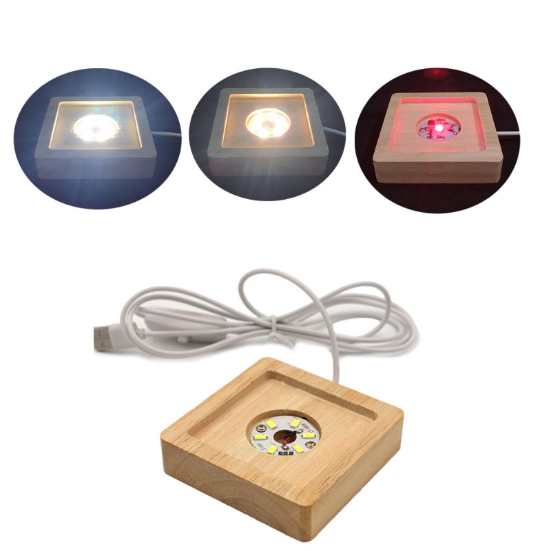 Đèn ngủ hình vuông đế gỗ nhiều màu sắc kèm dây cáp USB