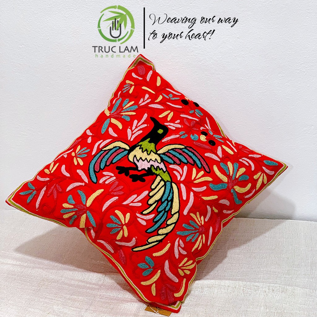 Gối/Vỏ Gối Vuông Tựa Lưng Sofa (45x45) Trang Trí Phòng Vải Linen Thêu Thủ Công Hình Con Chim – Trúc Lâm Handmade