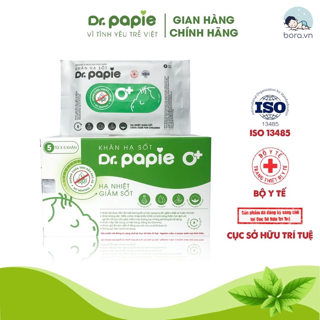 Khăn lau hạ sốt Dr Papie chính hãng, hộp 5 gói