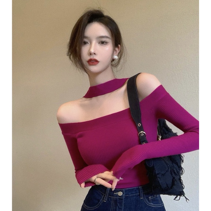 QKOOLE  Áo thun tay dài hở vai dáng ôm phong cách Hàn Quốc thời trang dành cho nữ