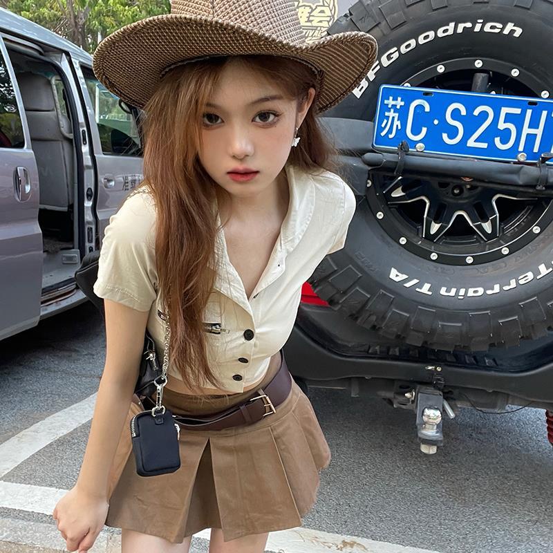 Women's suit skirt 2022 summer new Korean style sexy short shirt small pleated skirt two-piece suit