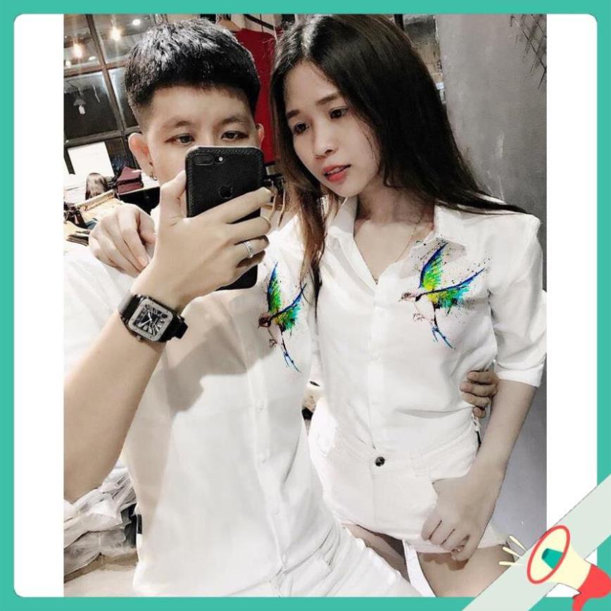 Chất Xịn ÁO SƠ MI IN THÊU TAY DÀI IN HÌNH CHIM XANH - ITTD22 *