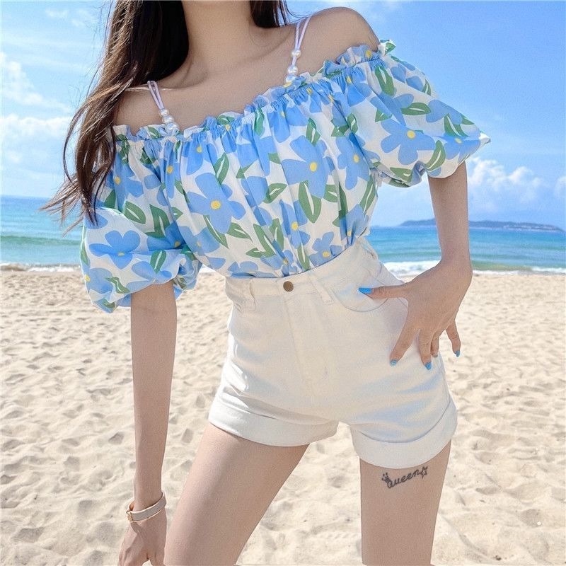 Áo Trễ Vai Ngắn Tay Họa Tiết Hoa Phong Cách Hàn Quốc Dành Cho Nữ