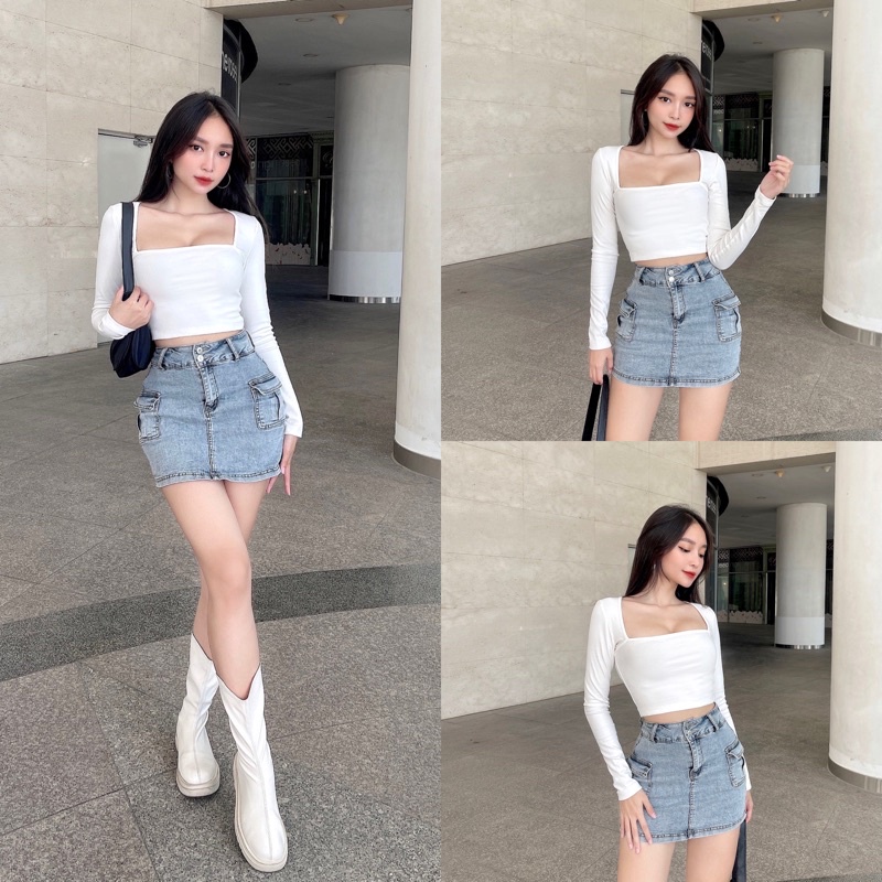 Áo Croptop Cổ Vuông Tay Dài, Áo Ctr Thun Body Chất Borip Nữ Tính Freesize IRISVIEL