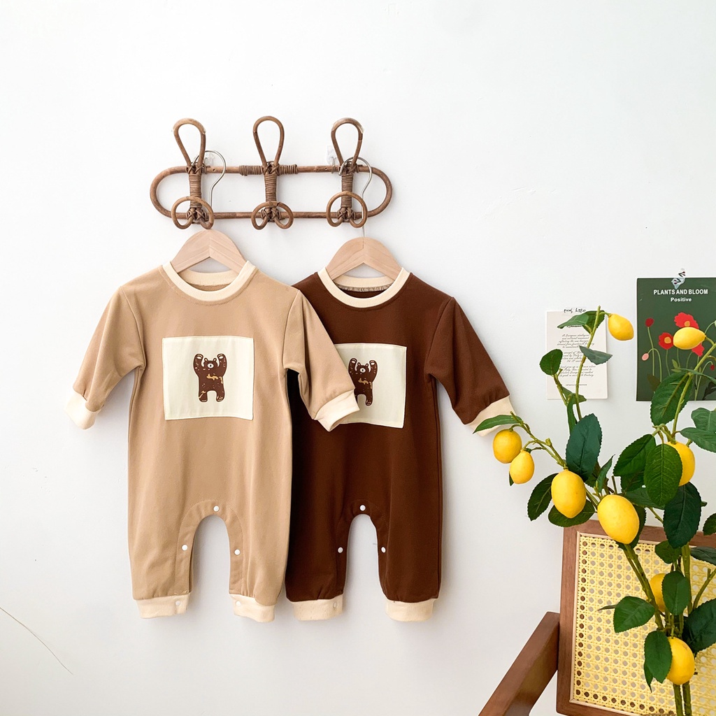 Áo Liền Quần Tay Dài In Hình Gấu Đáng Yêu Thoải Mái Cho Bé Sơ Sinh 0-24 Tháng Tuổi