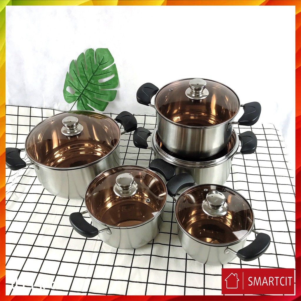 [FREESHIP] Bộ nồi inox Đức cao cấp 5 món hàng chính hãng vung kính Composite Steel Soup Pot