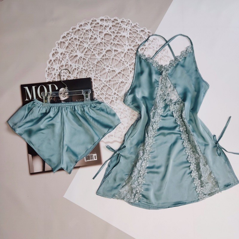 Váy ngủ 2 dây phối ren, kiểu sexy kèm quần, kiểu dáng gợi cảm, chất lụa đẹp, phom dưới 55kg- theo chiều cao | BigBuy360 - bigbuy360.vn