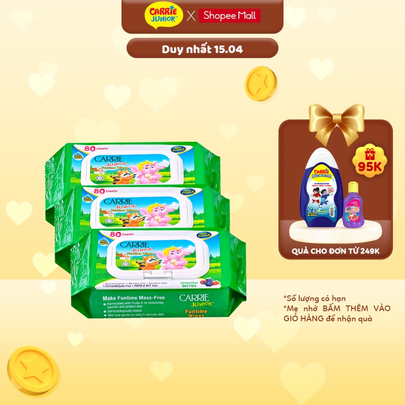 Combo 3 Gói Khăn Giấy Ướt Carrie Junior Funtime Smoothie Berries 80 tờ/gói