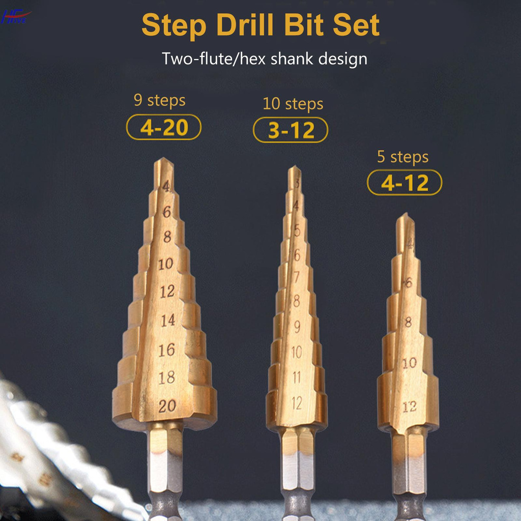 hello# 3PCS Titanium Step Drill Bit Set Multiple Hole Step Drill High Speed Steel Total 24 Sizes 3-12mm/4-12mm/ 4-20mm Drilling Tool