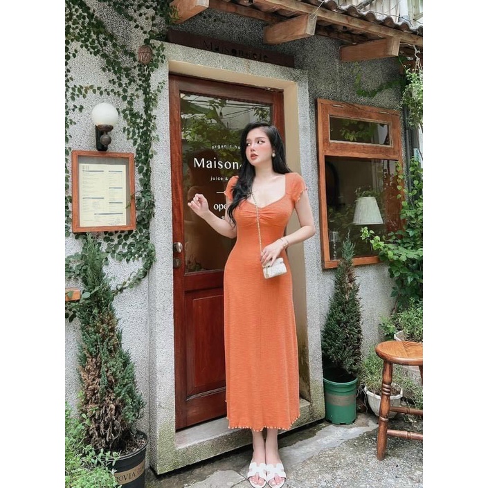 [8.8 Sales Freeship] Đầm thun ôm body, đầm thun cổ vuông nhún ngực tay ngắn, đầm thun maxi dáng dài sexy