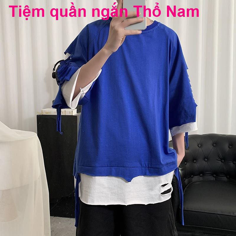 Áo thun tay ngắn Nam 2021 New Summer Ice Silk Quần Hồng Kông Phong cách Tide Thương hiệu Rộng rãi học sinh