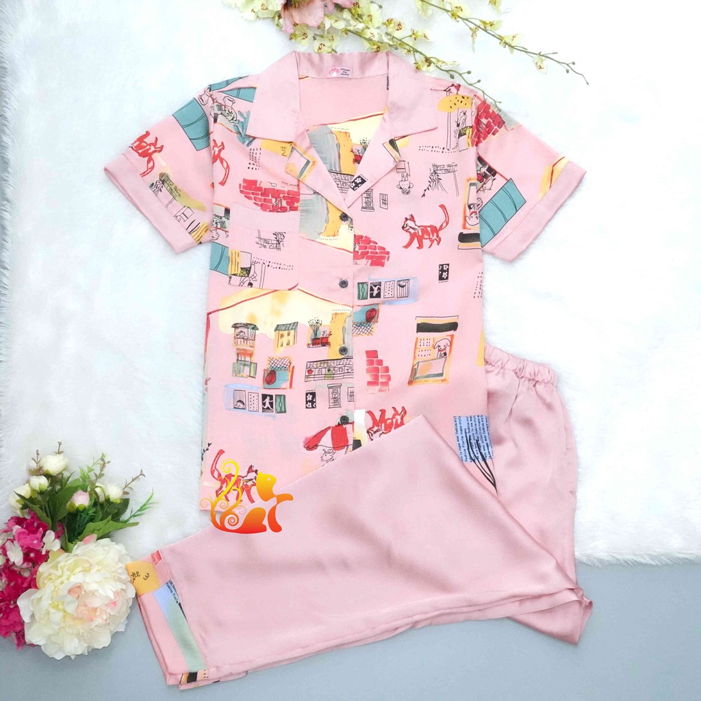 Bộ Mặc Nhà &quot;Tranh vẽ&quot; Pijama Satin Phối Quần Dài Cao Cấp - Siêu Mát - Dưới 60kg.