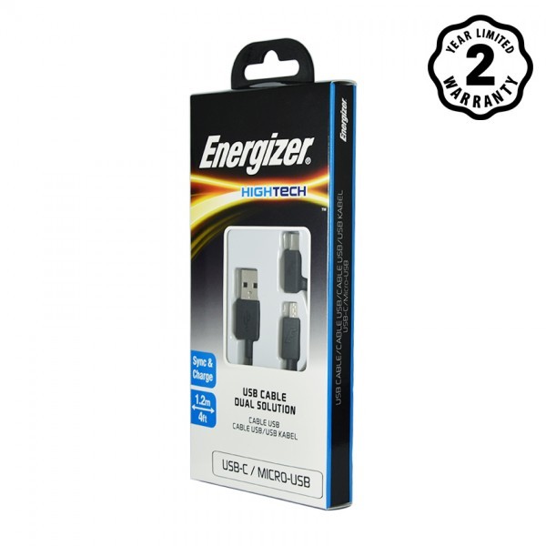 Cáp 2 trong 1 Type-C và Micro-USB Energizer HT màu đen, dài 1.2m - C11UBX2CFBK4