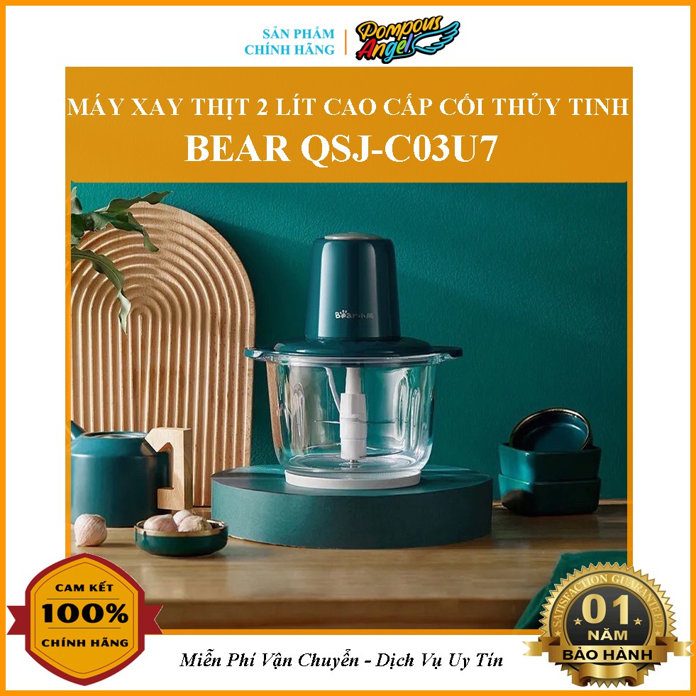 [Chính hãng] Máy xay thịt cá đa năng cầm tay để bàn BEAR 2L 300W cối thủy tinh , 4 lưỡi dao inox 304