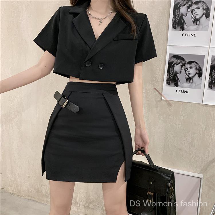 New Arrivals2021Summer  Black Suit Jacket+Dress  Korean-Style Short  Slit Skirt Suit