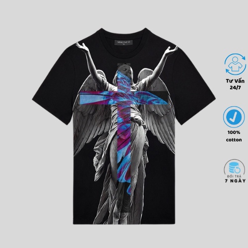 Áo thun ngắn tay , áo phông MIKENCO in phun hình thiên thần trắng chất cotton mát mịn thấm hút mồ hôi