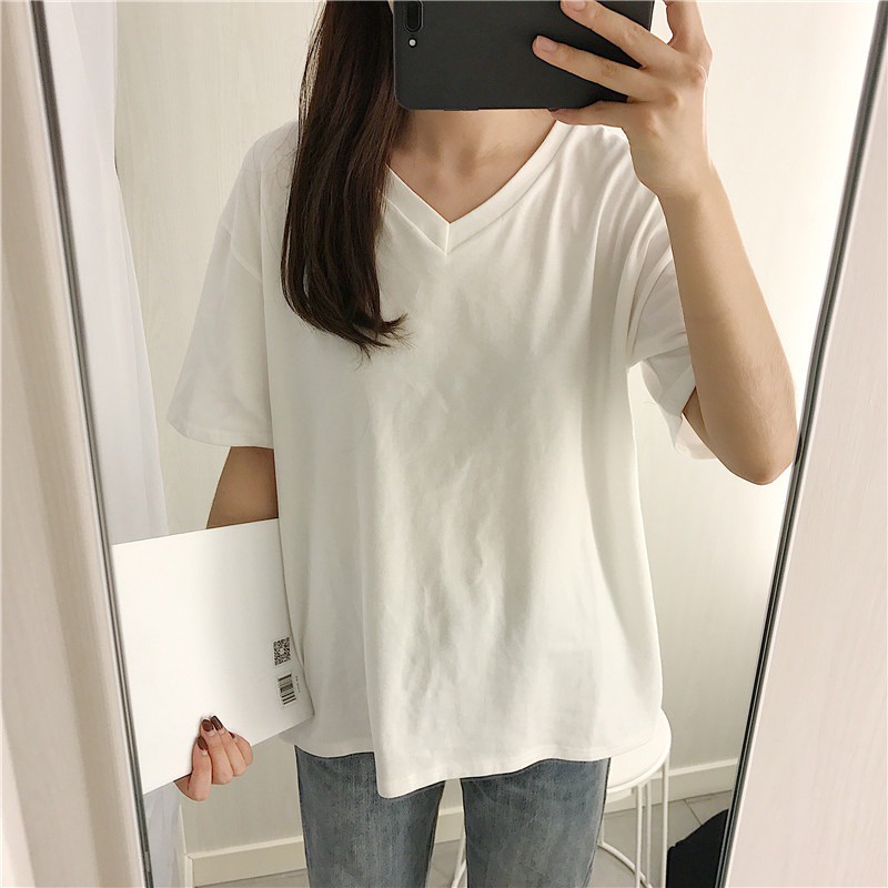 Áo thun dáng rộng cổ chữ V / chữ V màu trơn
