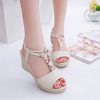 Giày sandal nữ đế xuồng đính ngọc trai thời trang