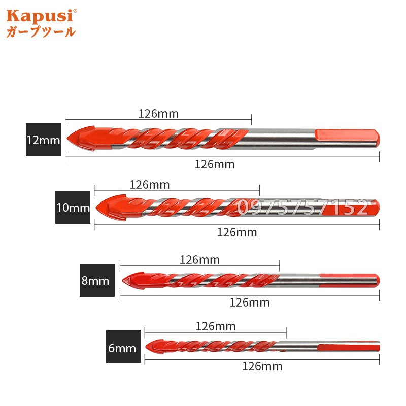 Bộ 4 mũi khoan đa năng 2 cạnh chân tam giác Kapusi cao cấp 12mm 10mm 8mm 6mm phù hợp khoan nhiều chất liệu