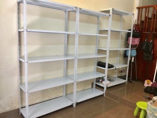Kệ sắt v lỗ màu trắng, xám ghi Dài 120cm, Sâu 30cm gồm 2 tầng, 3 tầng, 4 tầng, 5 tầng cao 60,80,100,120,150cm đa năng