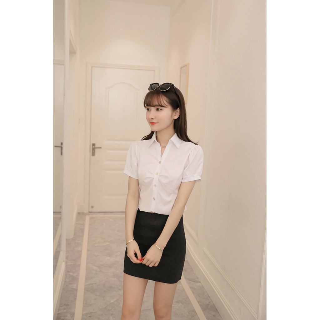 ♘✟❂Phiên bản Hàn Quốc của áo sơ mi trắng voan nữ mùa hè ngắn tay chuyên nghiệp mặc quần làm việc chính thức Cổ