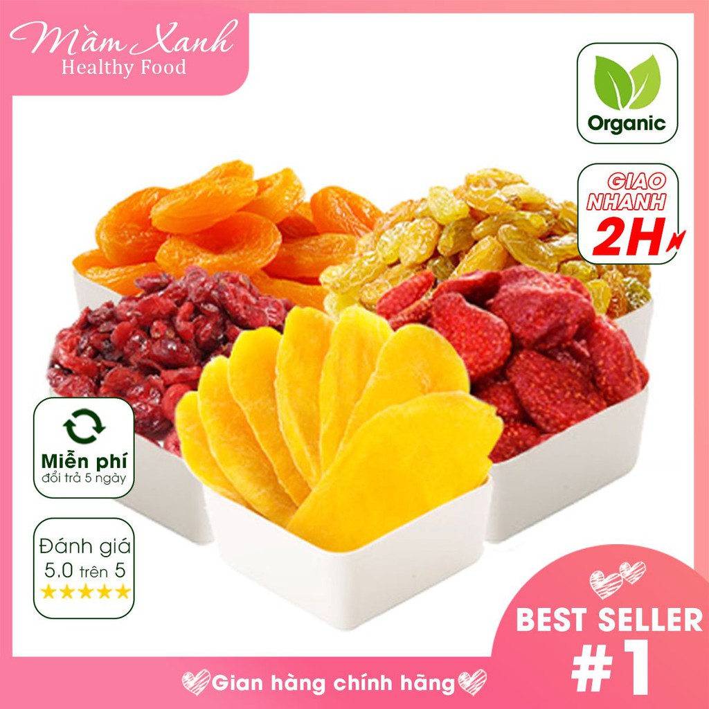 TRÁI CÂY SẤY DẺO 600G, mix trái không đường 5 loại Nhà Mầm- nho vàng, nam việt quất, mơ, dâu tây, xoài