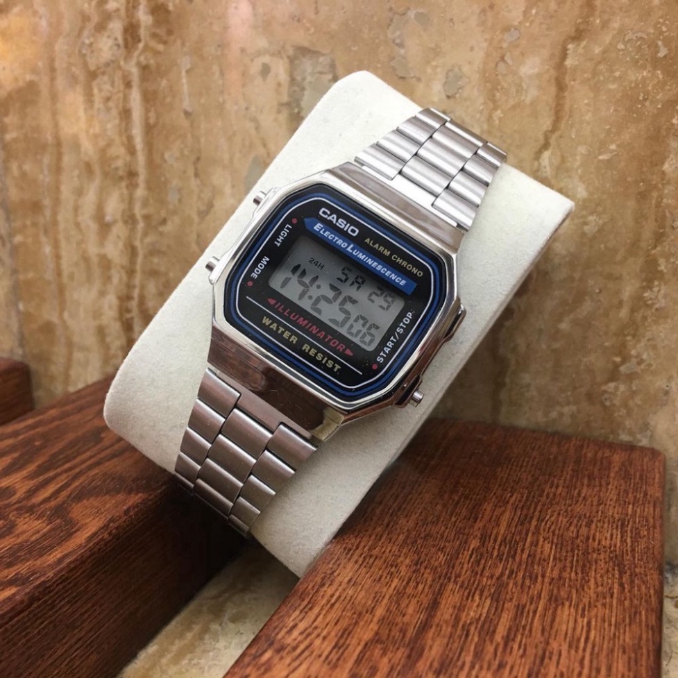 (Đồng hồ Casio) Đồng hồ nam A168 dây thép không gỉ led xanh bảo hành 12 tháng