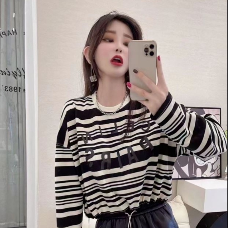 Áo sweater ZHELIHANGFEI tay dài dáng rộng họa tiết sọc ngang dễ phối đồ cho nữ