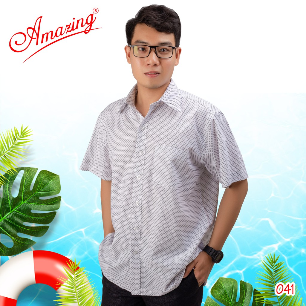 Áo sơ mi nam hoa văn nhỏ, họa tiết hình học, chất vải mềm mát, dáng rộng, tay ngắn, vạt ngang, Amazing