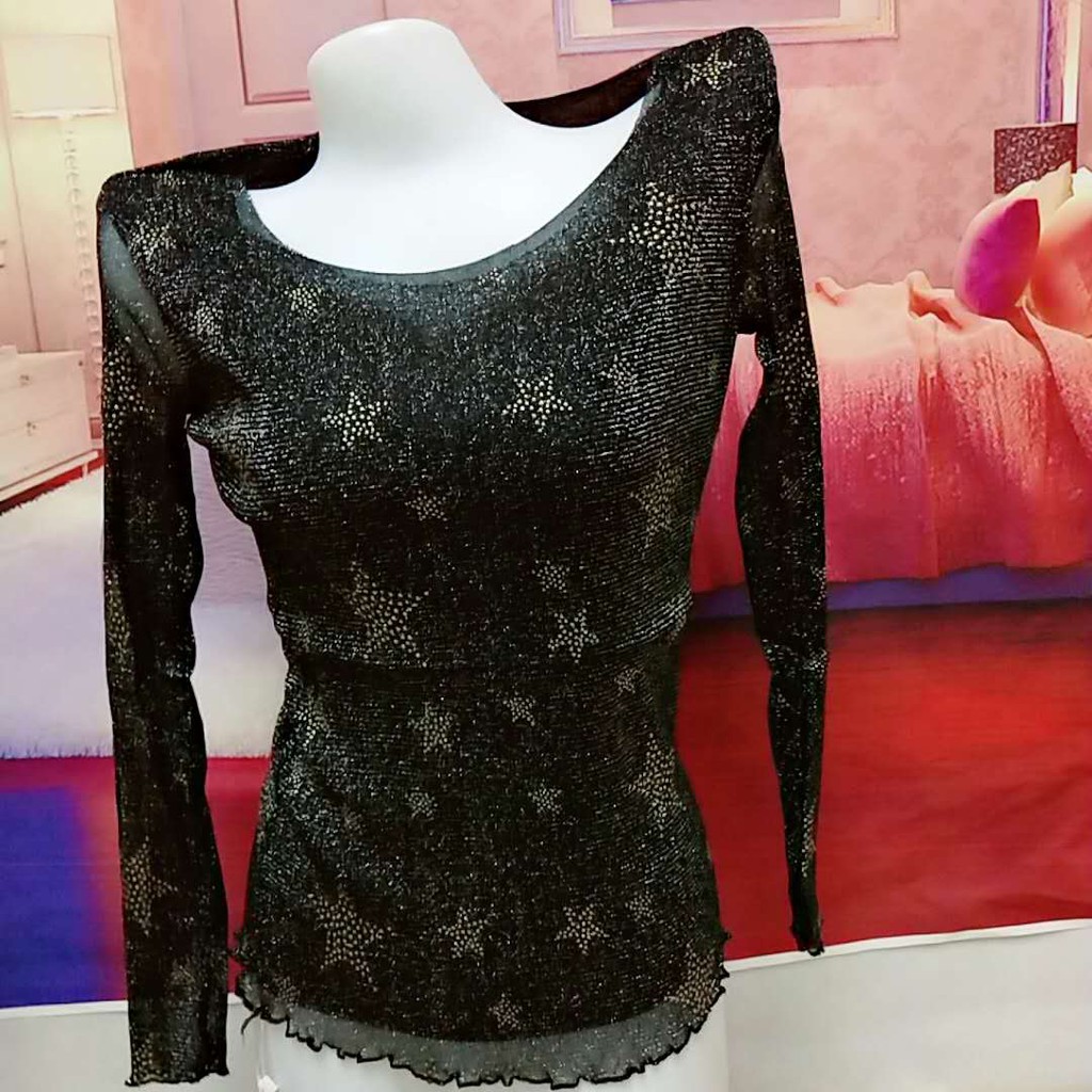 (AB2307) Áo lưới nữ họa tiết ngôi sao tay lưới cổ không viền phun kim sa | BigBuy360 - bigbuy360.vn