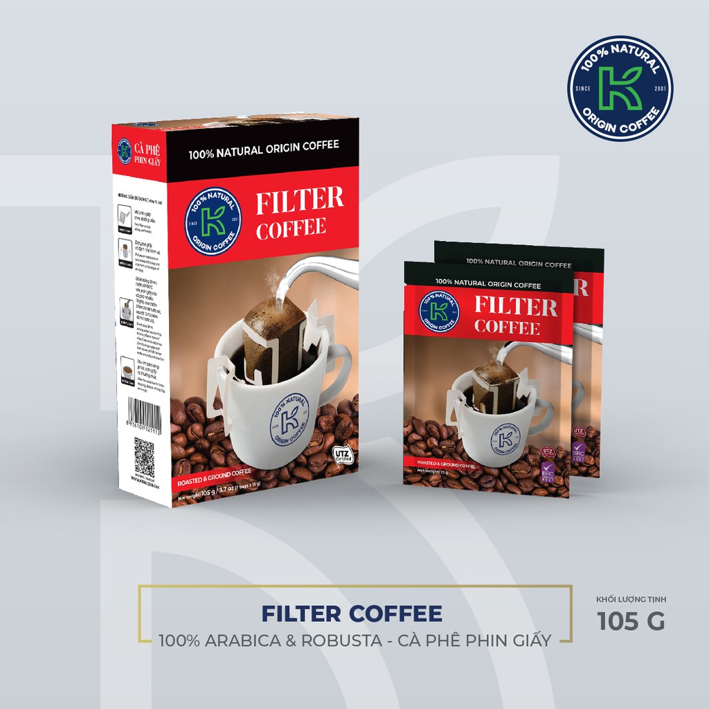 Cà phê phin giấy Filter coffee thương hiệu k coffee hương vị thơm ngon 105g / túi