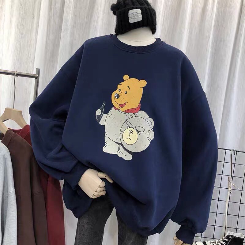 Áo sweater vải nỉ lót bông dày dặn in gấu cầm mũ