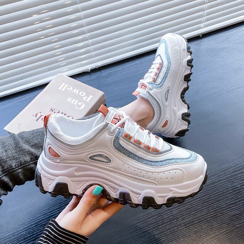 Giày thể thao nữ độn đế thấp cổ, Giày sneaker nữ đế cao có viền nhũ phối màu cá tính , năng động | BigBuy360 - bigbuy360.vn