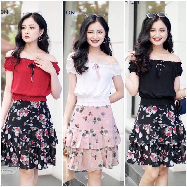 Bán Sỉ Set bộ sơ mi croptop bo chun mix chân váy hoa xoè 2 tầng thiết kế