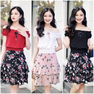 Set bộ sơ mi croptop bo chun mix chân váy hoa xoè 2 tầng thiết kế
