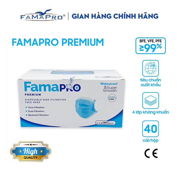 Thùng FAMAPRO PREMIUM 50 hộp Khẩu trang y tế cao cấp 4 lớp kháng khuẩn hàng xuất khẩu Châu Âu 40 cái/ hộp