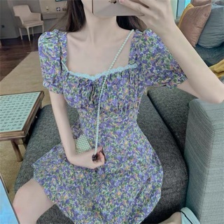 [Order] Đầm tím hoa nhí dáng xoè cổ tim cổ điển Vintage