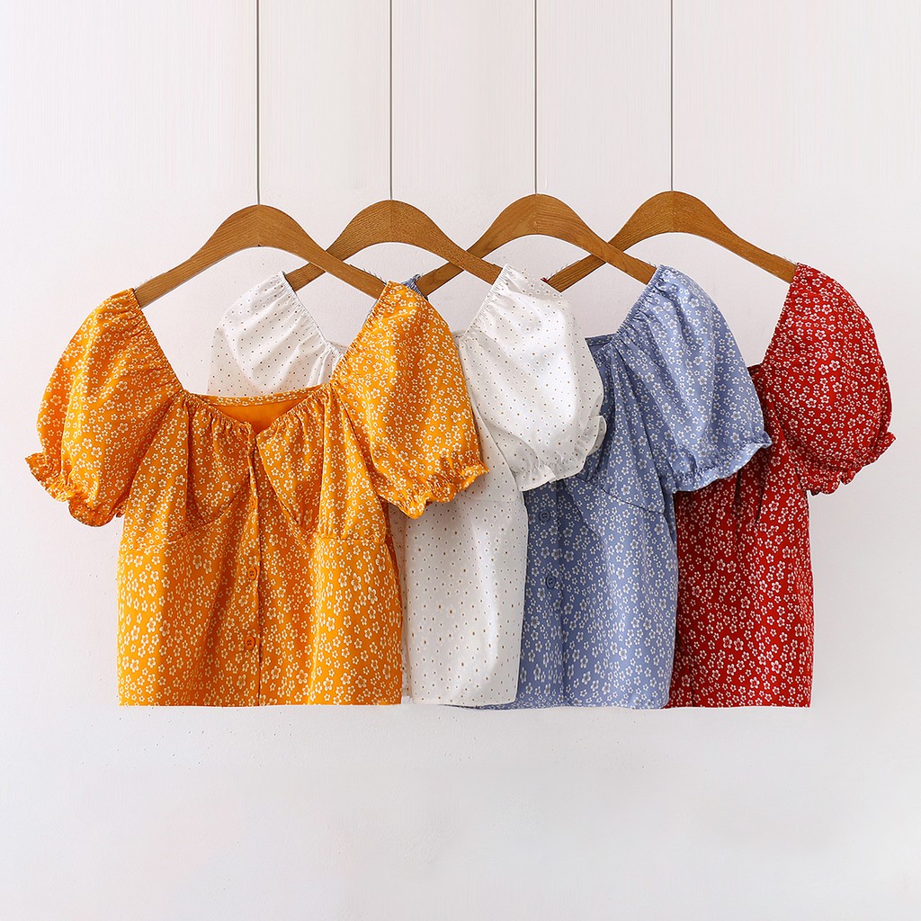 Áo Kiểu Nữ Rớt Vai Cổ Chữ V Họa Tiết Hoa Xinh Xắn | BigBuy360 - bigbuy360.vn