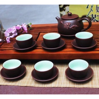 Bộ ấm chén tử sa liên hoa đắp nổi