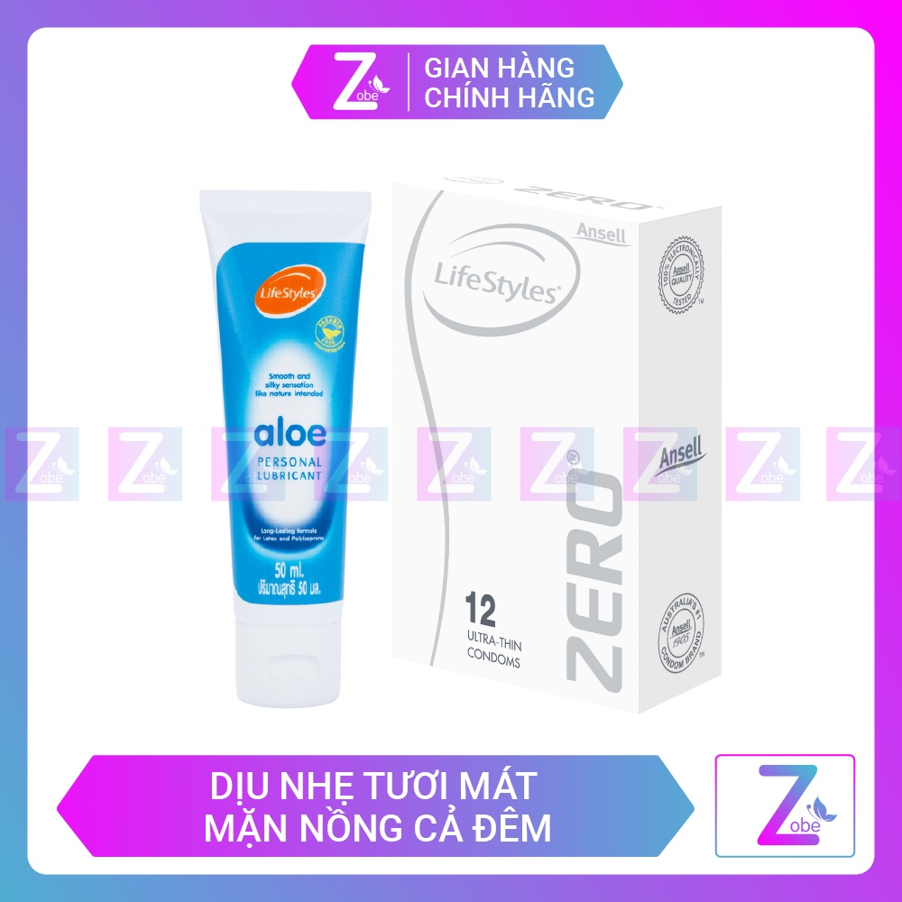 Combo Bao Cao Su LifeStyles Zero Super Thin Siêu Mỏng Hộp 12 bao + Gel Bôi Trơn Tinh Chất Lô Hội LifeStyles Aloe 50ml