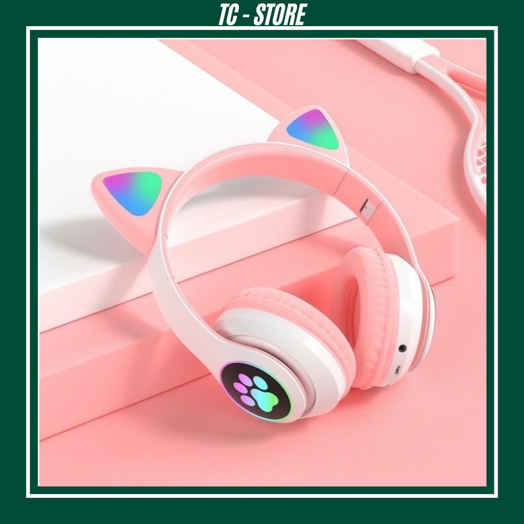 Tai nghe tai mèo bluetooth chụp tai có đèn led, có micro chơi game. Headphone thỏ dễ thương hồng, đen, xanh