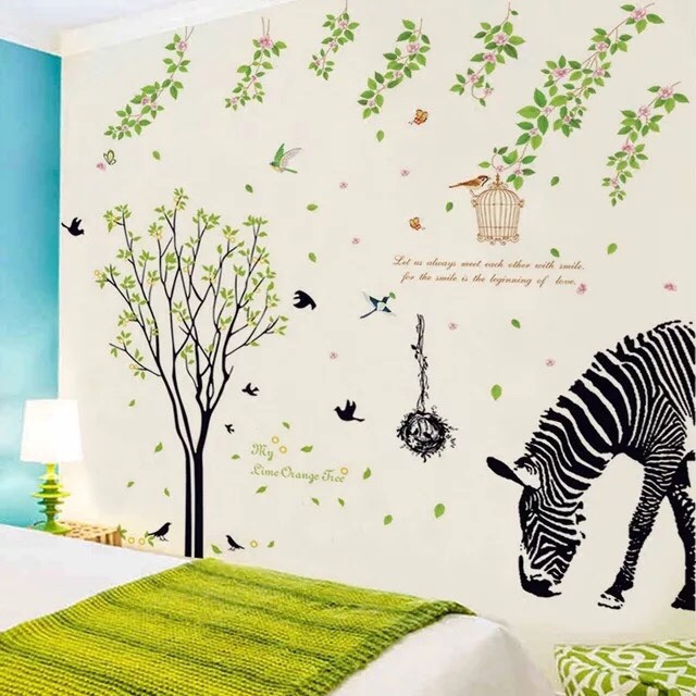 BỘ COMBO DECAL GHÉP ĐÔI dán tường - Thân Cây Chim Đen kết hợp Ngựa Vằn và dây leo hoa lá ( 3 TẤM )