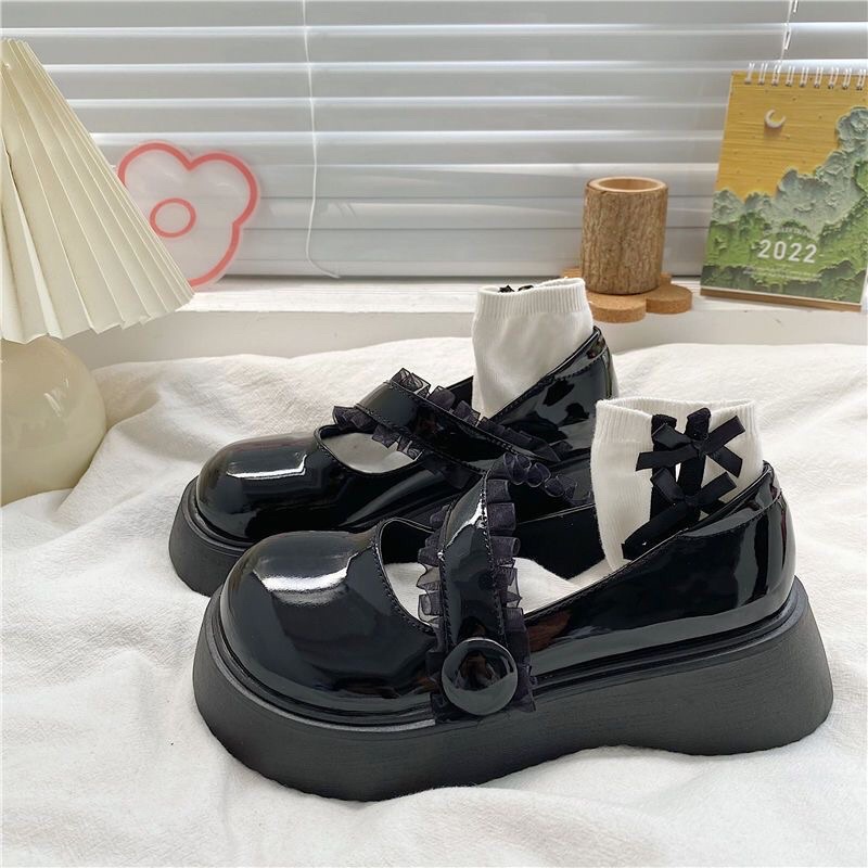Giày lolita nữ gắn nơ đế cao 4cm,Giày da ulzzang nữ phong cách Hàn Quốc LT80