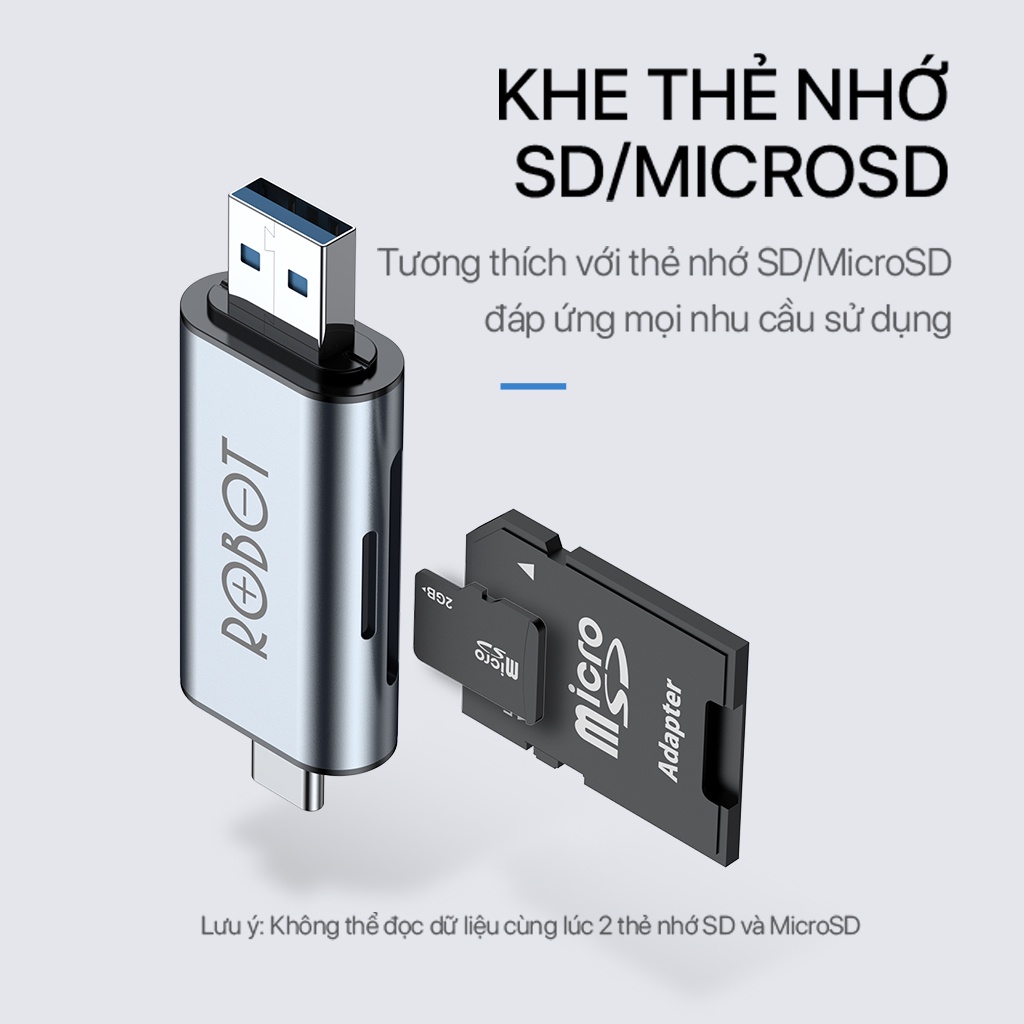 Thiết Bị Đọc Thẻ Nhớ SD MicroSD ROBOT CR202 - 2 Đầu Type-C Và USB 3.0 Hàng Chính Hãng Bảo Hành 12 Tháng 1 Đổi 1