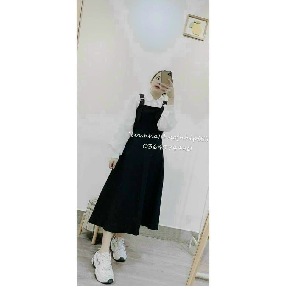 (Hàng sẵn) ✔️Set yếm khuy kèm sơ mi tay phồng nữ hothit💙 | BigBuy360 - bigbuy360.vn