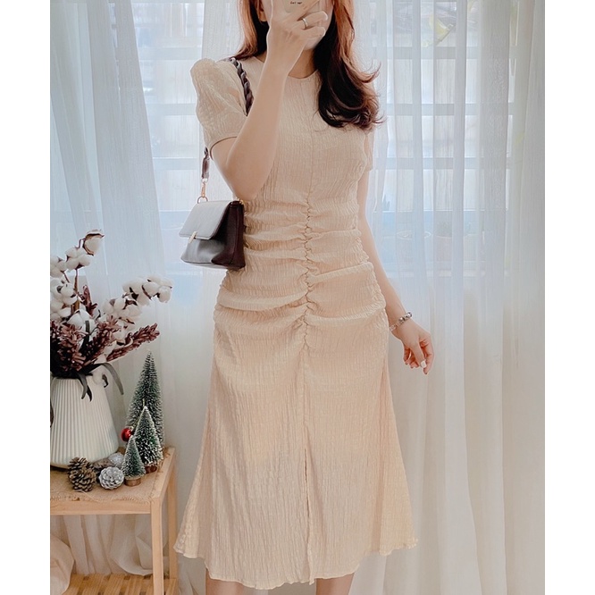 Đầm nhún thân che bụng xẻ tà giữa 5 màu Trắng - Kem - Xanh - Hồng - Vàng | BigBuy360 - bigbuy360.vn