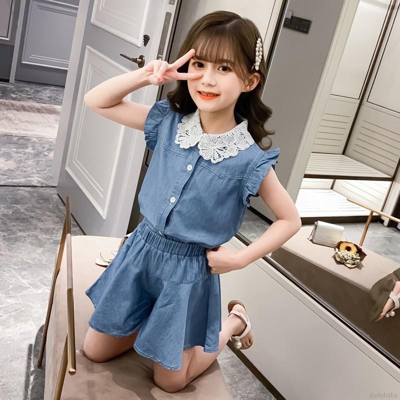 Set áo không tay phối ren và quần short thời trang cho trẻ em 3-15 tuổi