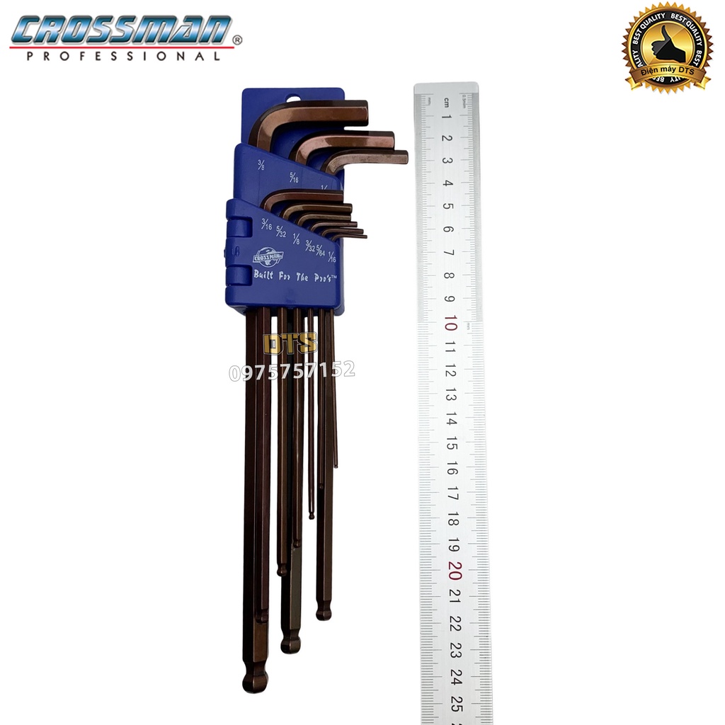 Bộ lục giác bi hệ inch 9 chi tiết Crossman 66-199 1/16&quot; - 3/8&quot; bộ khóa lục giác bi thân dài thép cứng cao cấp